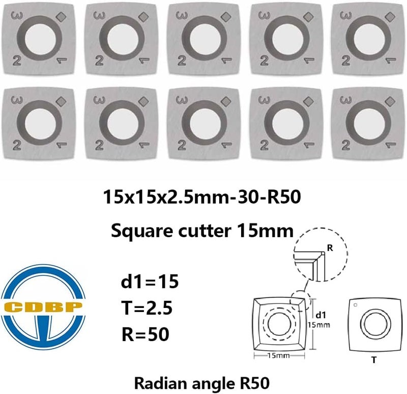 CDBP 15mm Square with 2" Radius Carbide Inserts Cutters 15×15×2.5 mm-R50 Replacement for Lathe Woodturning Tools, Carbide Turning Cutter, 10 PCS - Image 4